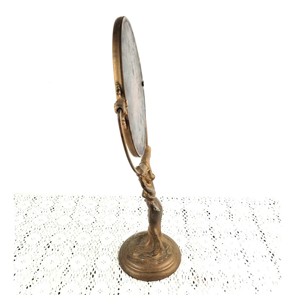 Antique 1910s Art Nouveau Woman Cast Iron or Bronze Vanity Lady Holding Mirror